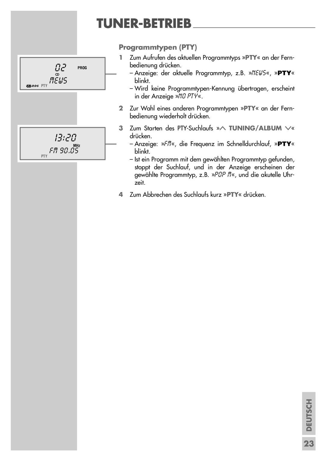Grundig UMS 5400 DEC manual Mews, Programmtypen PTY, Deutsch 