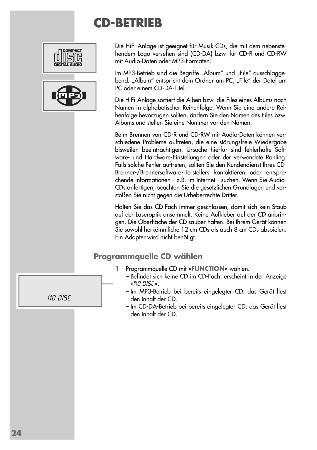 Grundig UMS 5400 DEC manual Programmquelle CD wählen, No Disc 