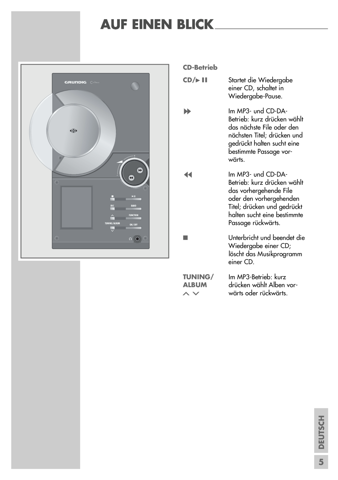 Grundig UMS 5400 DEC manual Deutsch, Tuning, Album, Auf Einen Blick 