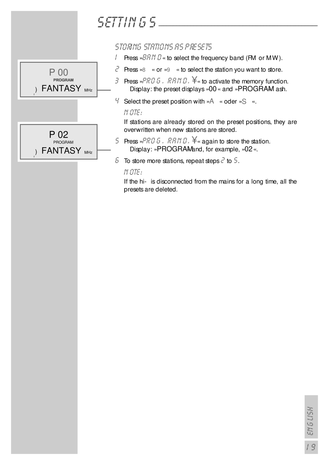 Grundig UMS 5800 DEC manual Fantasy MHz, Storing stations as presets 