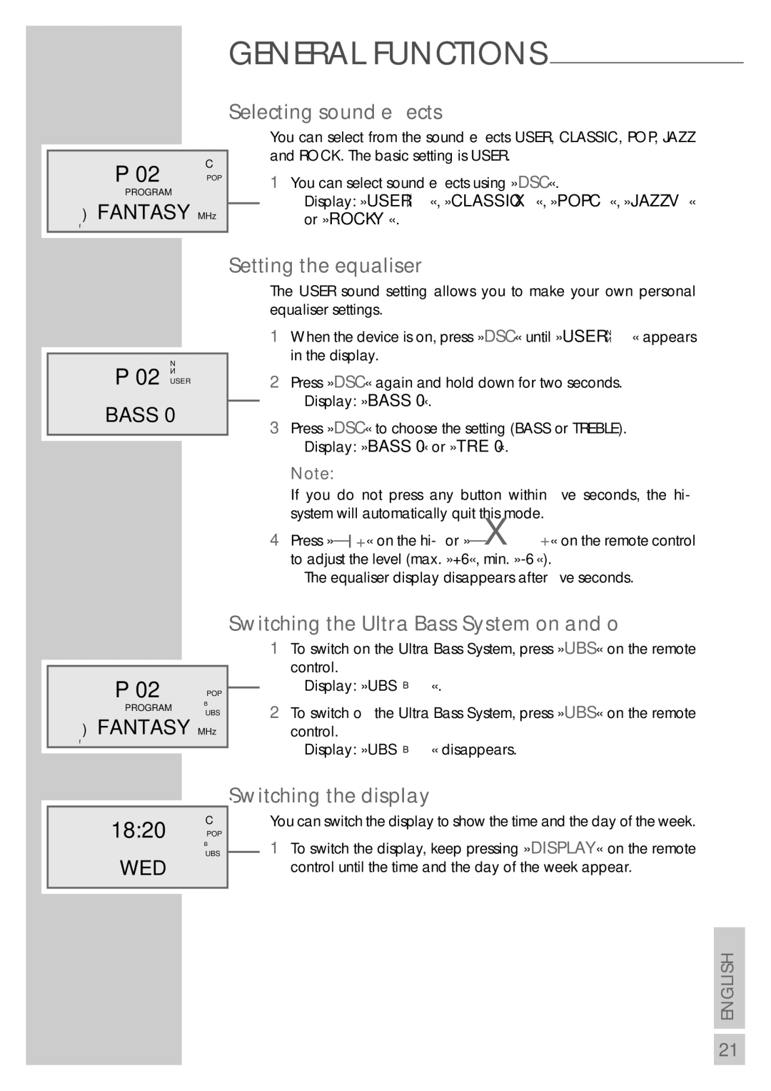 Grundig UMS 5800 DEC 1820 POP, Selecting sound eﬀects, Setting the equaliser, Switching the Ultra Bass System on and oﬀ 
