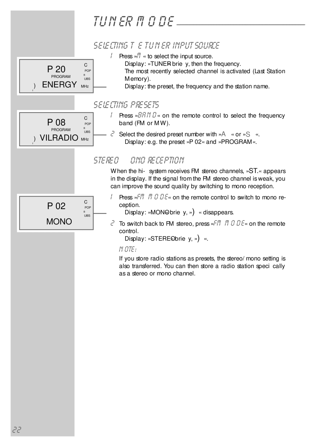 Grundig UMS 5800 DEC manual Selecting the Tuner input source, Selecting presets, Stereo/mono reception 