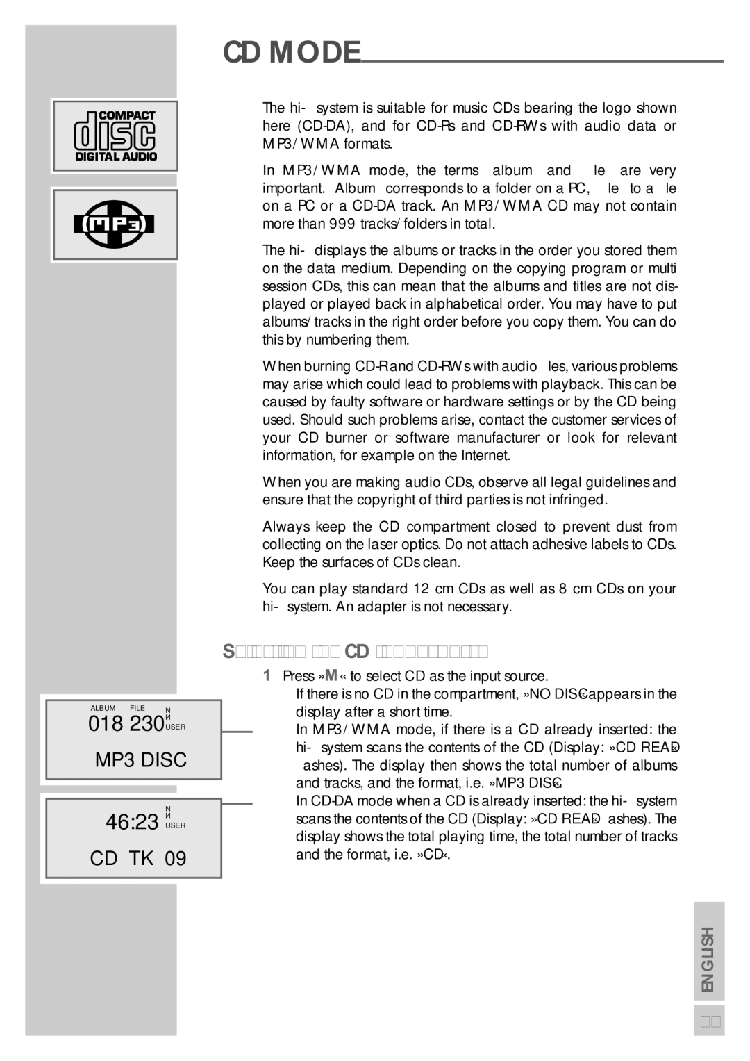 Grundig UMS 5800 DEC manual 018 230N, 4623 N, Cd Tk, Selecting the CD input source 