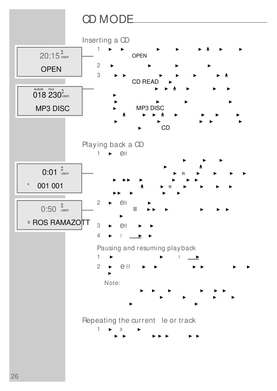 Grundig UMS 5800 DEC manual 001 N, Inserting a CD, Playing back a CD, Repeating the current ﬁle or track 