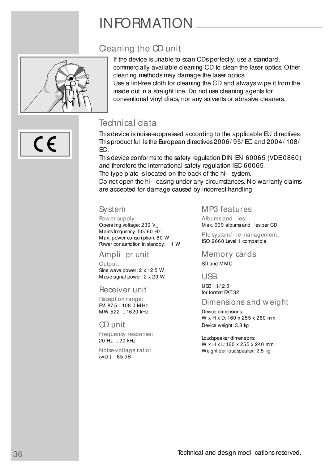 Grundig UMS 5800 DEC manual Cleaning the CD unit, Technical data 