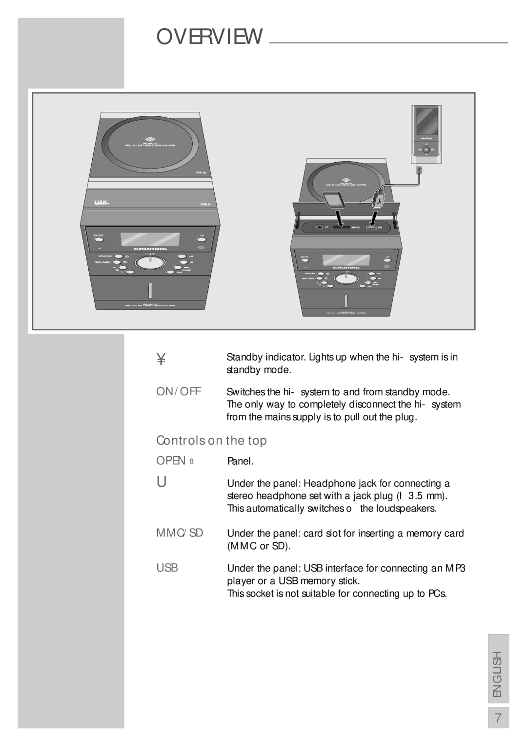 Grundig UMS 5800 DEC manual Controls on the top, On/Off, Open, Mmc/Sd, Usb 