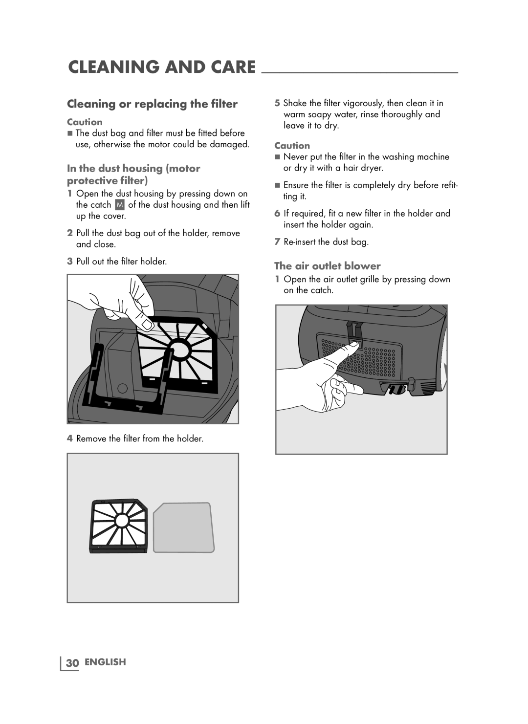 Grundig VCC9850 manual Cleaning and Care, Cleaning or replacing the filter 