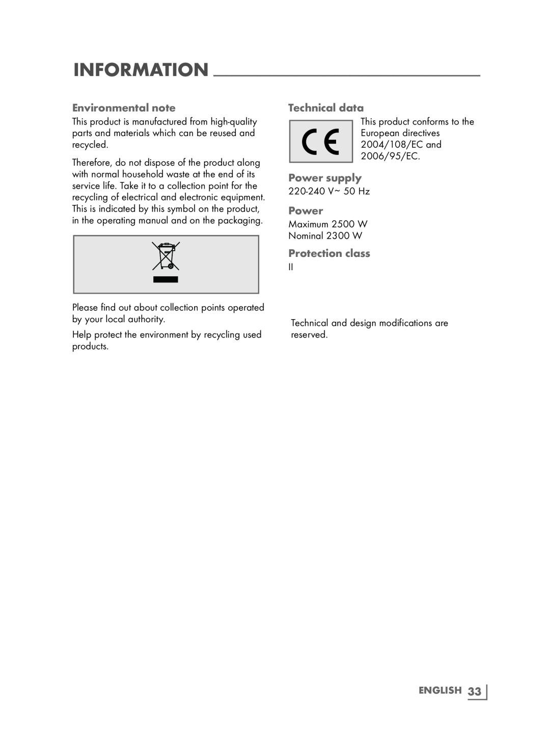 Grundig VCC9850 manual Environmental note, Technical data, Power supply, Protection class, English 