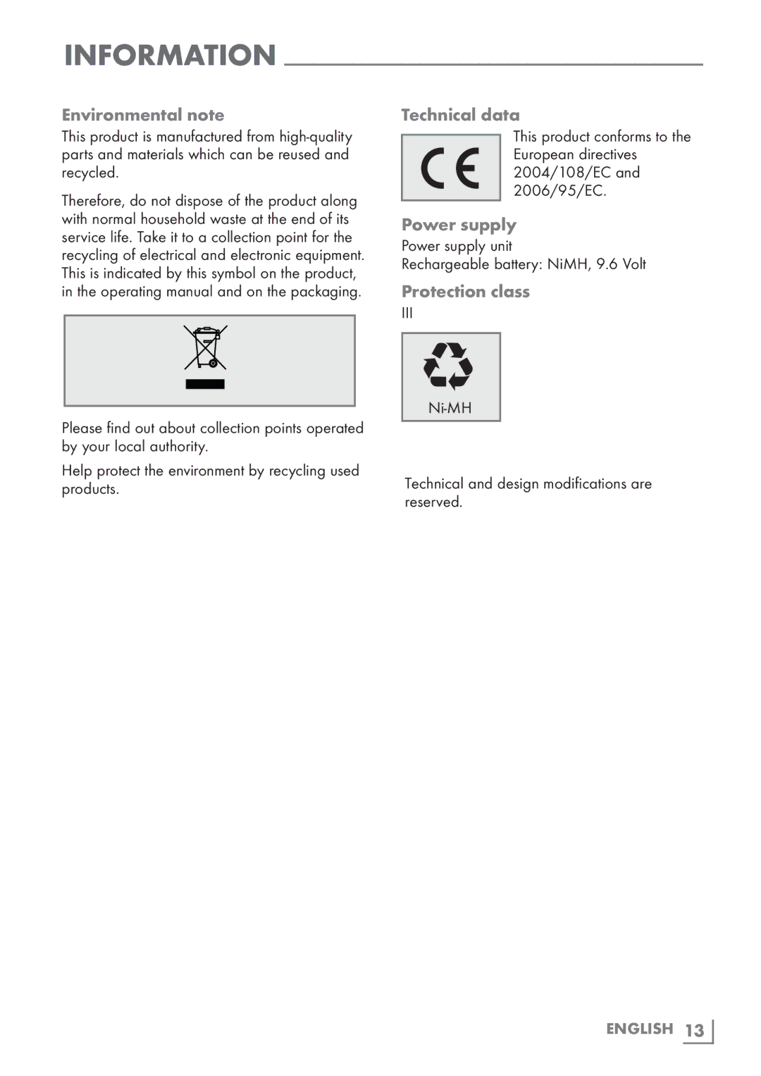 Grundig VCH7830 manual Information, Environmental note, Technical data, Power supply, Protection class 