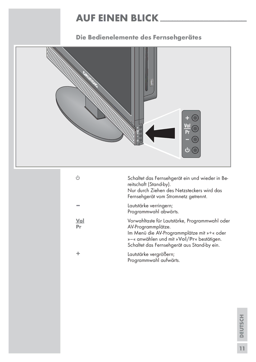 Grundig Vision 2 19-2830 T DVD, Vision 2 22-2830 T DVD manual Die Bedienelemente des Fernsehgerätes, Vol 