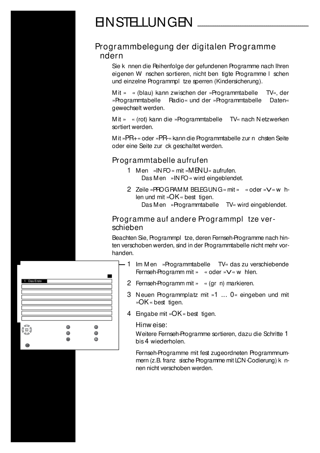 Grundig Vision 2 22-2830 T DVD manual Programmbelegung der digitalen Programme ändern, Programmtabelle aufrufen 