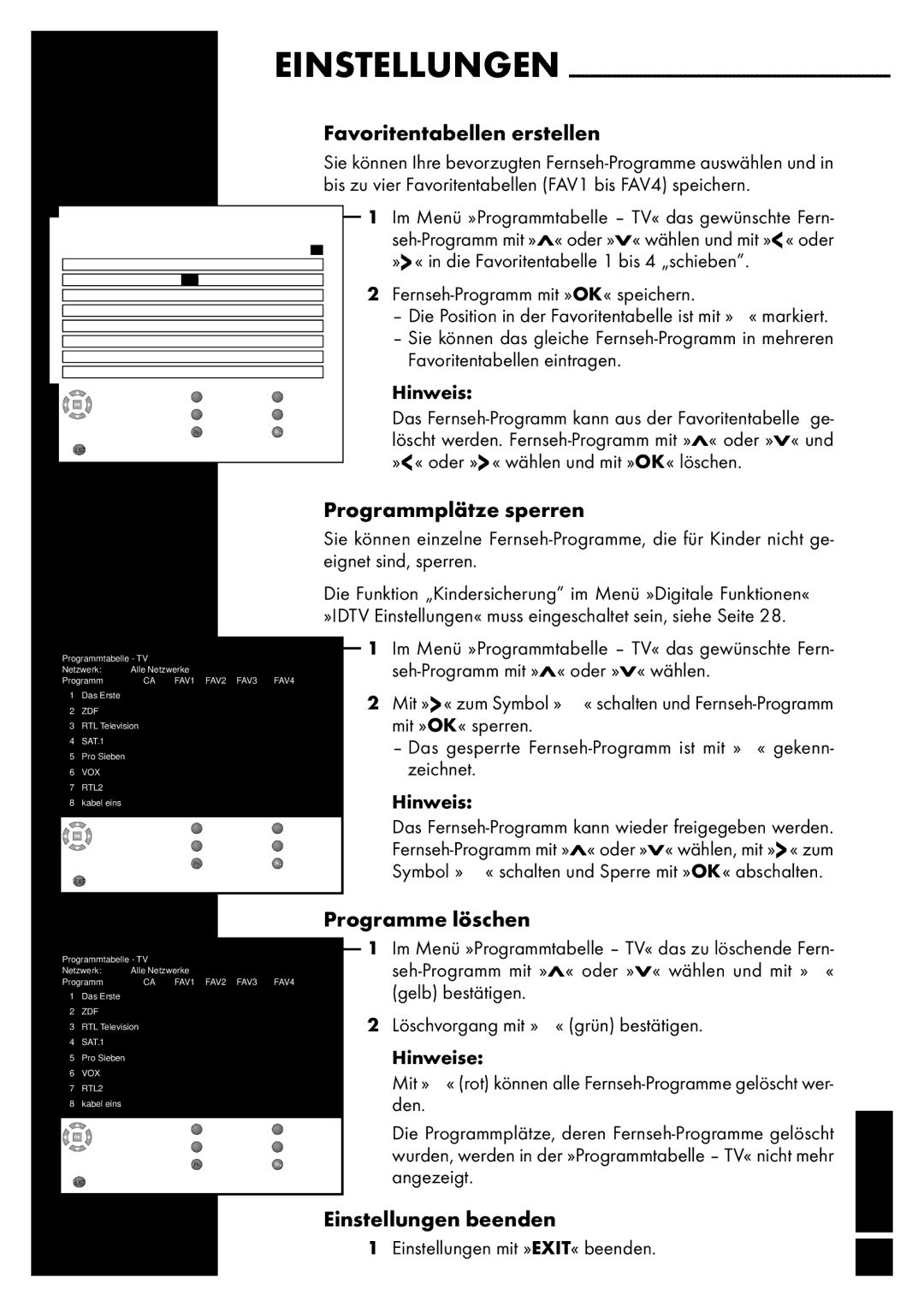 Grundig Vision 2 19-2830 T DVD manual Favoritentabellen erstellen, Programmplätze sperren, Programme löschen 