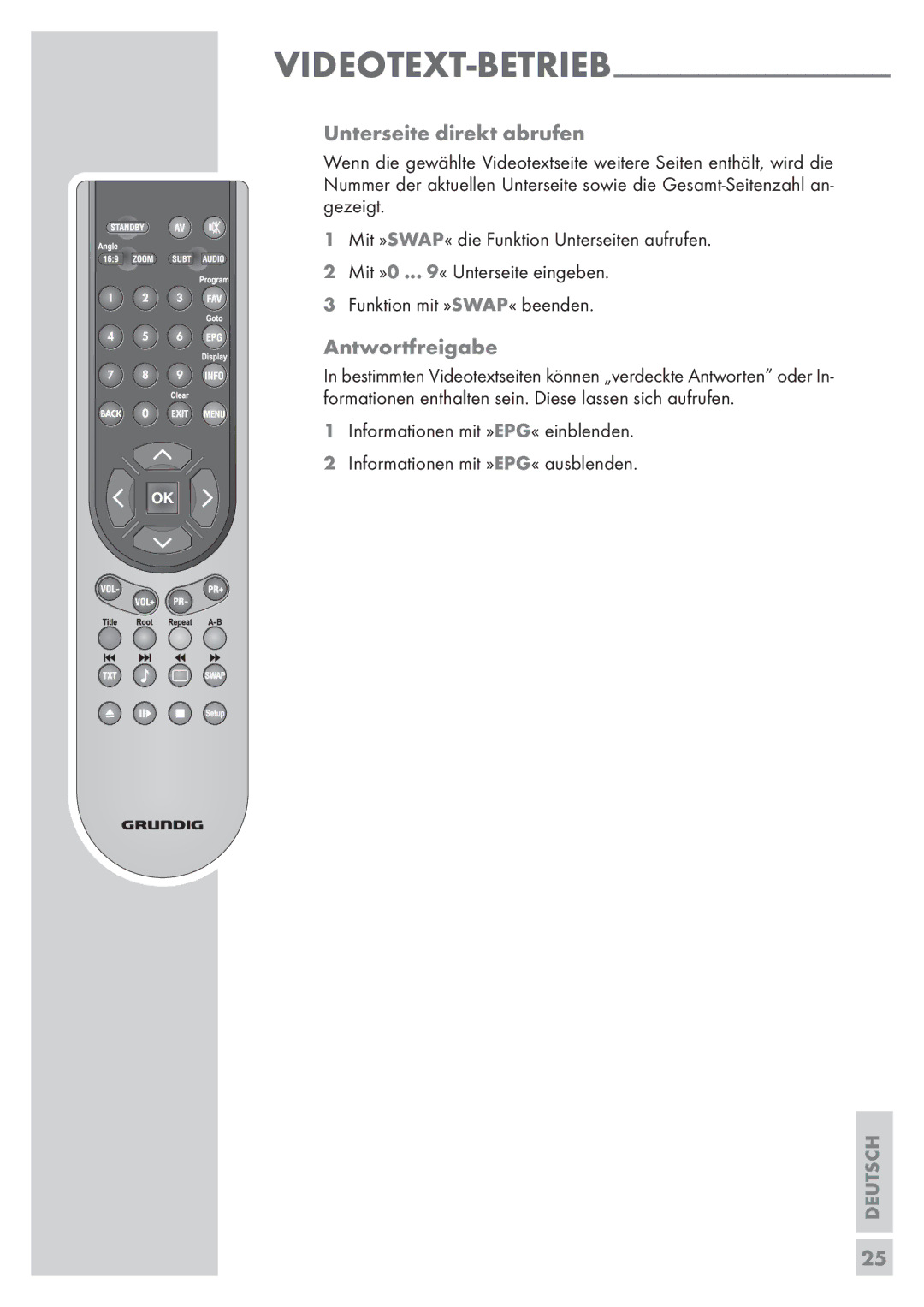 Grundig Vision 2 19-2830 T DVD, Vision 2 22-2830 T DVD manual VIDEOTEXT-BETRIEB Unterseite direkt abrufen, Antwortfreigabe 