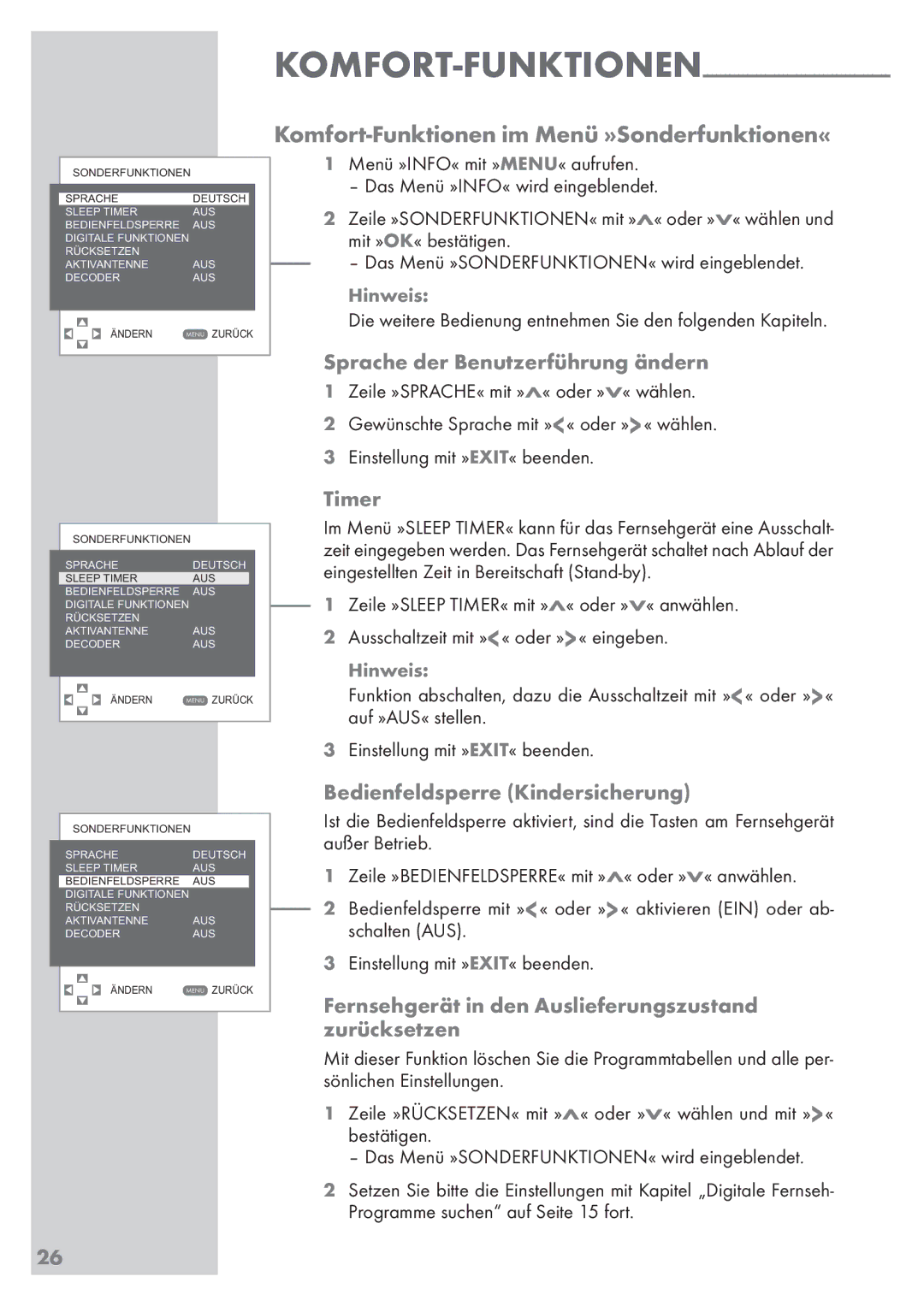 Grundig Vision 2 22-2830 T DVD, Vision 2 19-2830 T DVD manual Komfort-Funktionen im Menü »Sonderfunktionen« 