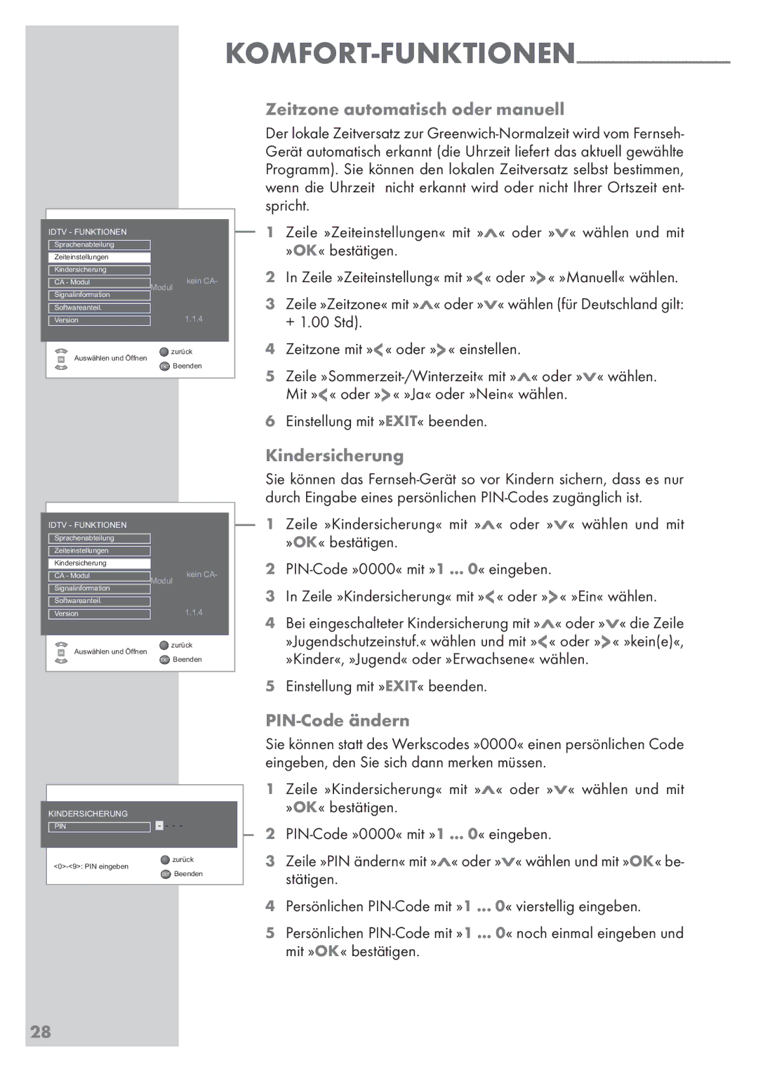 Grundig Vision 2 22-2830 T DVD KOMFORT-FUNKTIONEN Zeitzone automatisch oder manuell, Kindersicherung, PIN-Code ändern 