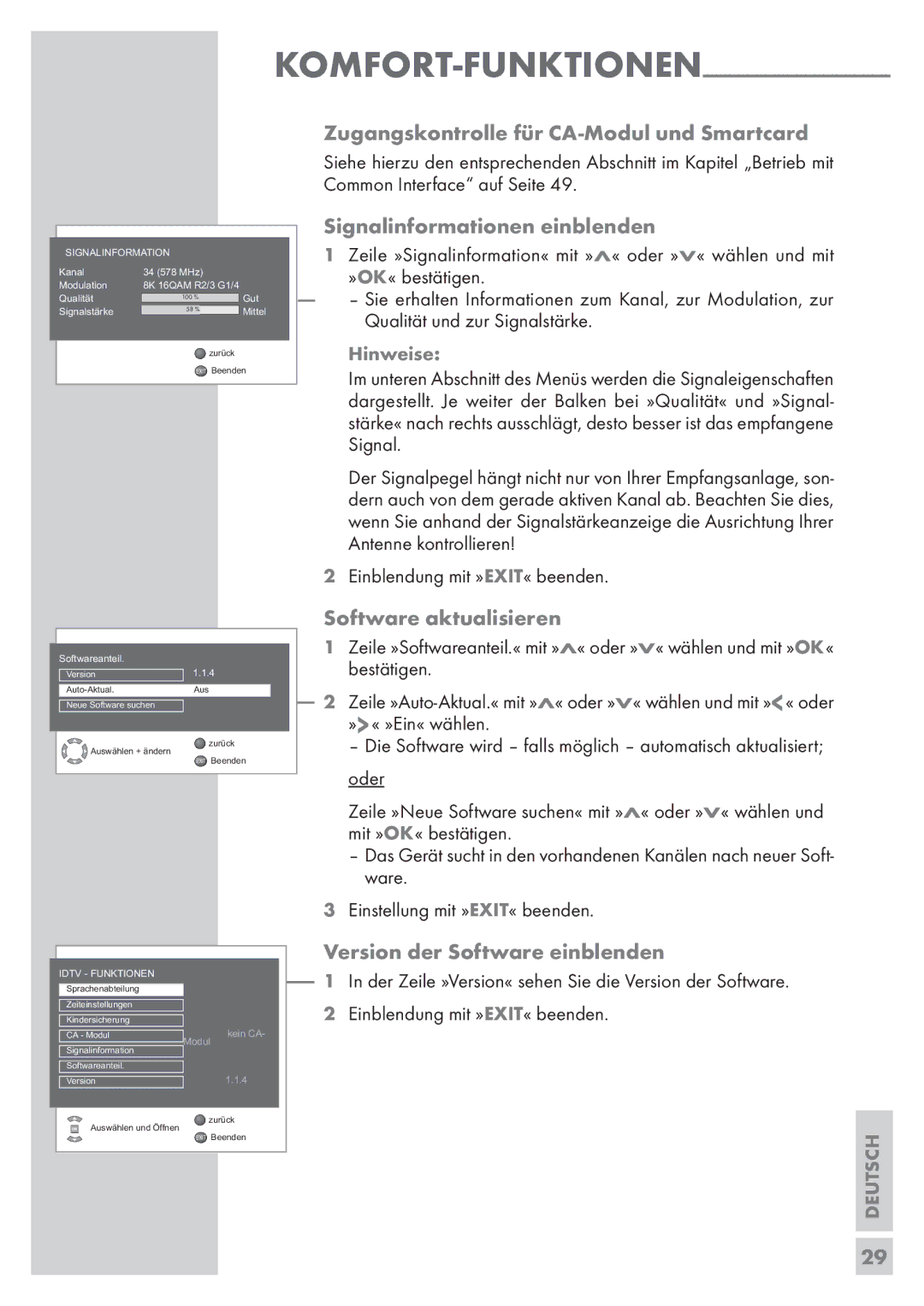 Grundig Vision 2 19-2830 T DVD Signalinformationen einblenden, Software aktualisieren, Version der Software einblenden 