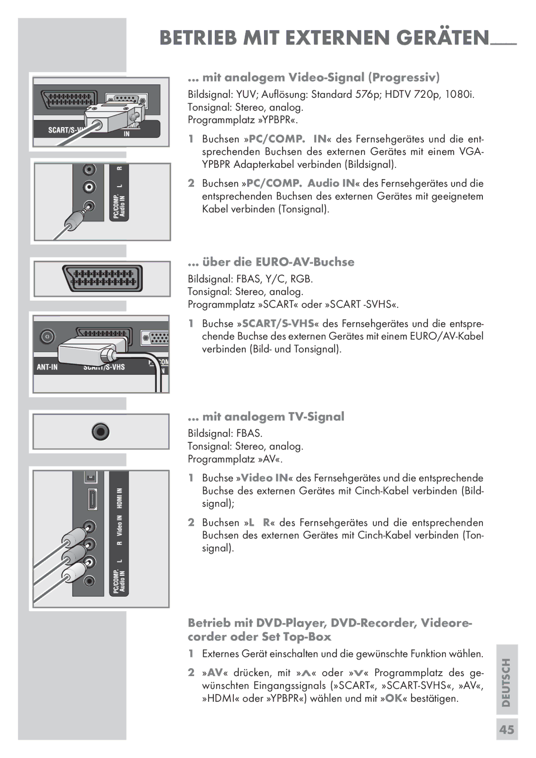 Grundig Vision 2 19-2830 T DVD manual Mit analogem Video-Signal Progressiv, Über die EURO-AV-Buchse, Mit analogem TV-Signal 