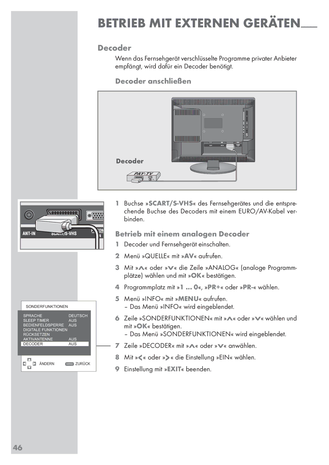 Grundig Vision 2 22-2830 T DVD, Vision 2 19-2830 T DVD manual Decoder anschließen, Betrieb mit einem analogen Decoder 