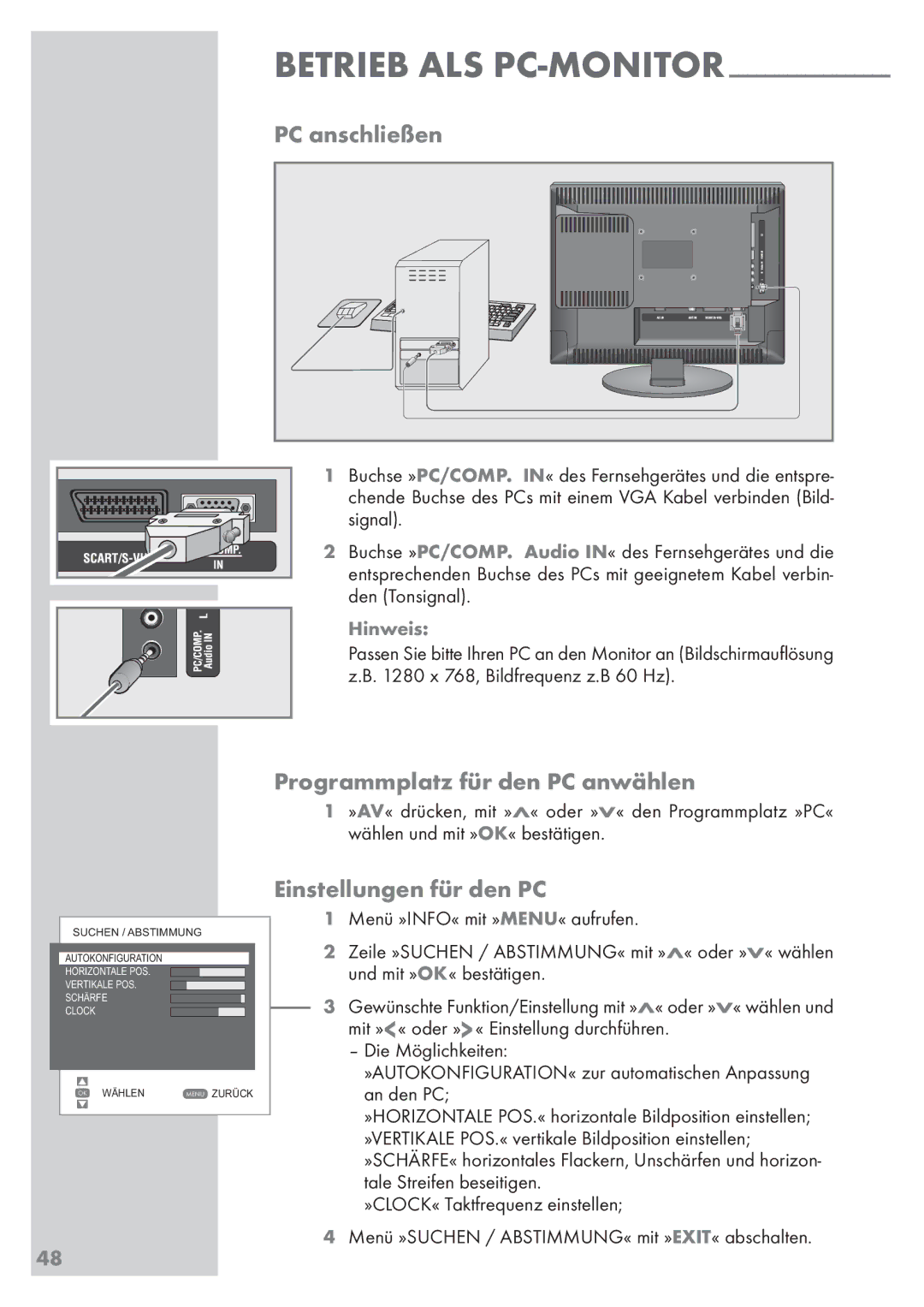 Grundig Vision 2 22-2830 T DVD manual PC anschließen, Programmplatz für den PC anwählen, Einstellungen für den PC 