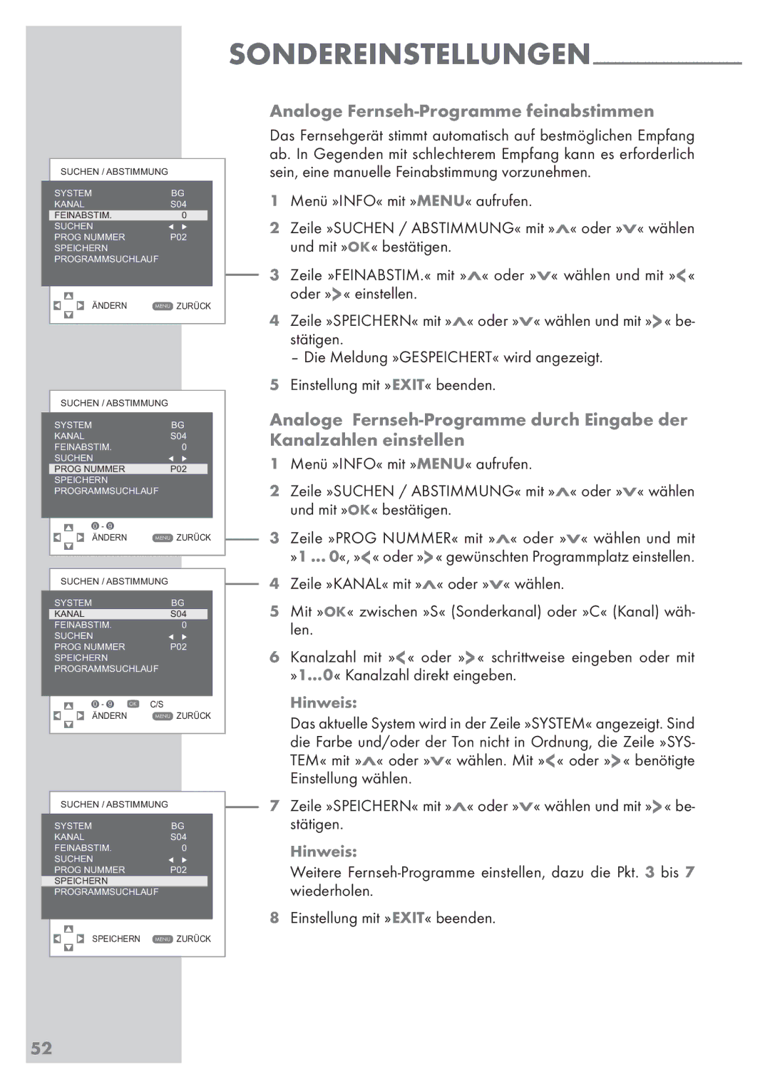 Grundig Vision 2 22-2830 T DVD, Vision 2 19-2830 T DVD manual Sondereinstellungen Analoge Fernseh-Programme feinabstimmen 