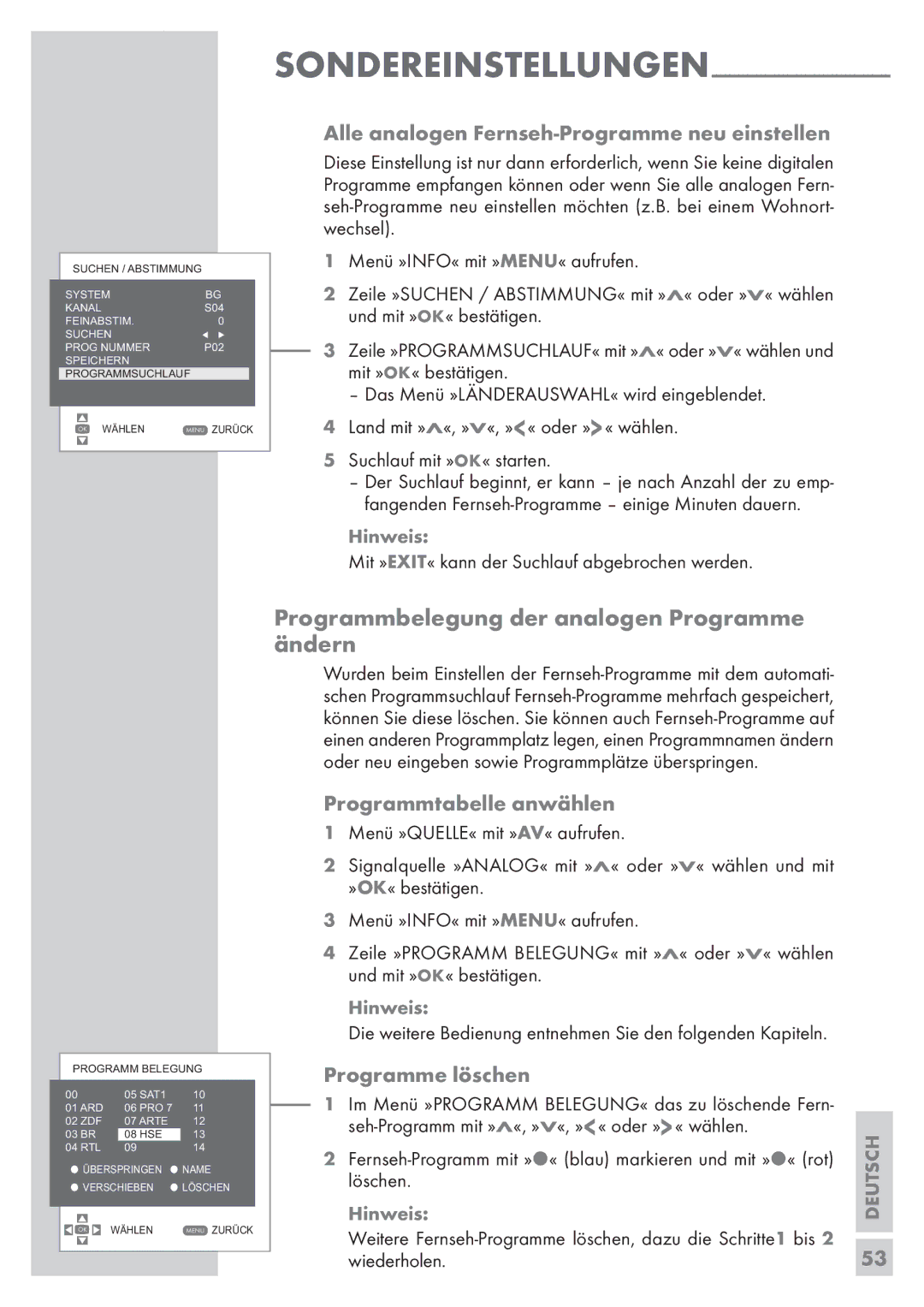 Grundig Vision 2 19-2830 T DVD manual Programmbelegung der analogen Programme ändern, Programmtabelle anwählen 