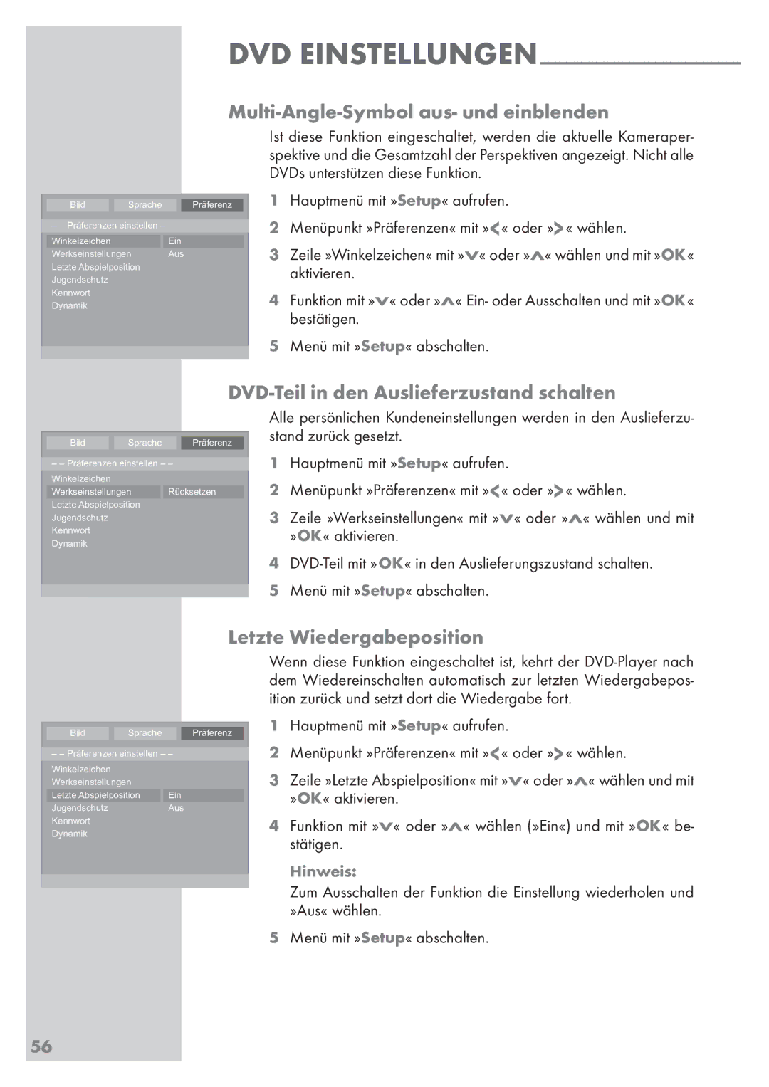 Grundig Vision 2 22-2830 T DVD manual Multi-Angle-Symbol aus- und einblenden, DVD-Teil in den Auslieferzustand schalten 