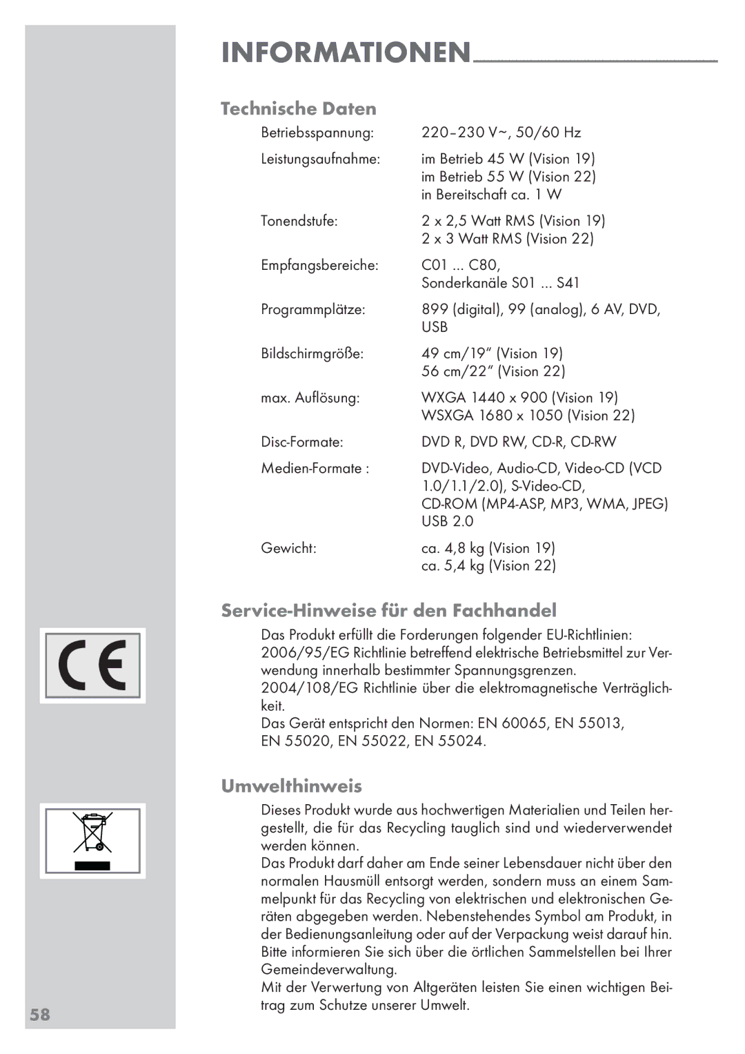 Grundig Vision 2 22-2830 T DVD manual Technische Daten, Service-Hinweise für den Fachhandel, Umwelthinweis, Informationen 