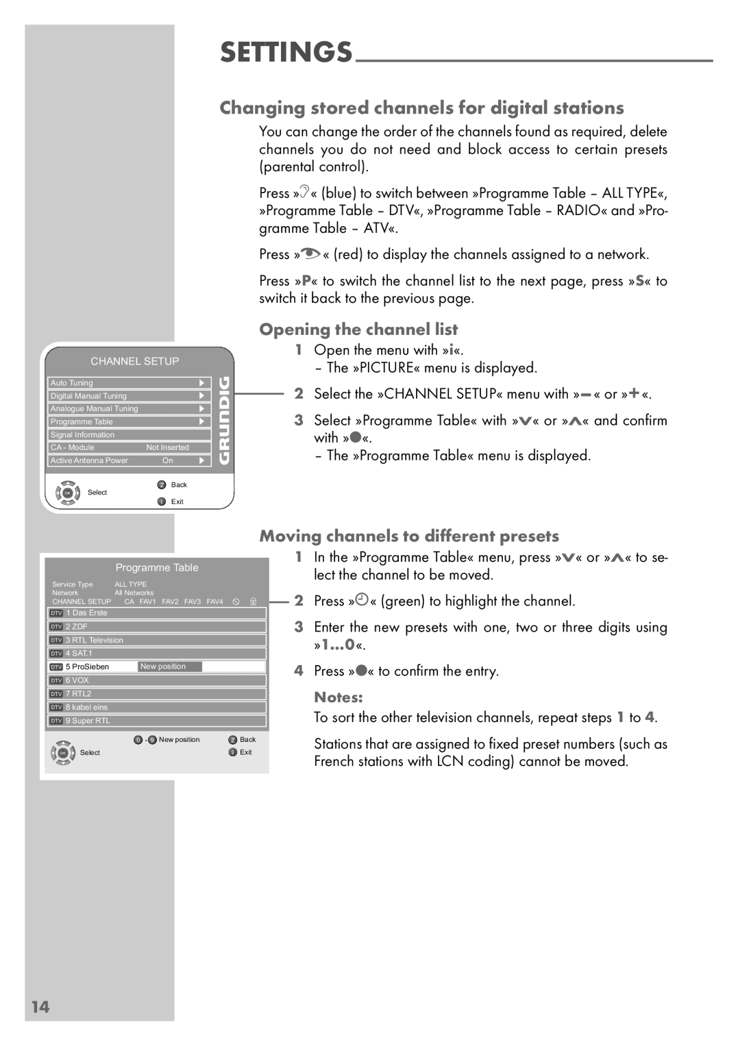 Grundig Vision 6 26-6840 T, Vision 6 32-6840 T Changing stored channels for digital stations, Opening the channel list 