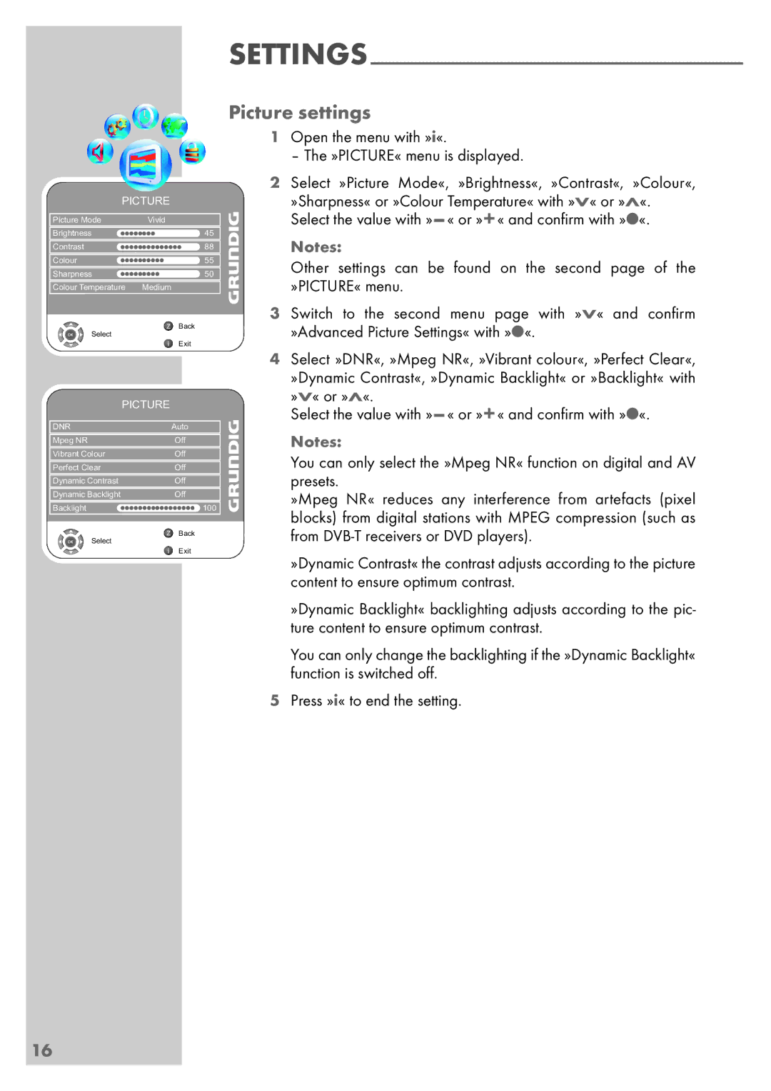 Grundig Vision 6 26-6840 T, Vision 6 32-6840 T manual Picture settings, Dnr 