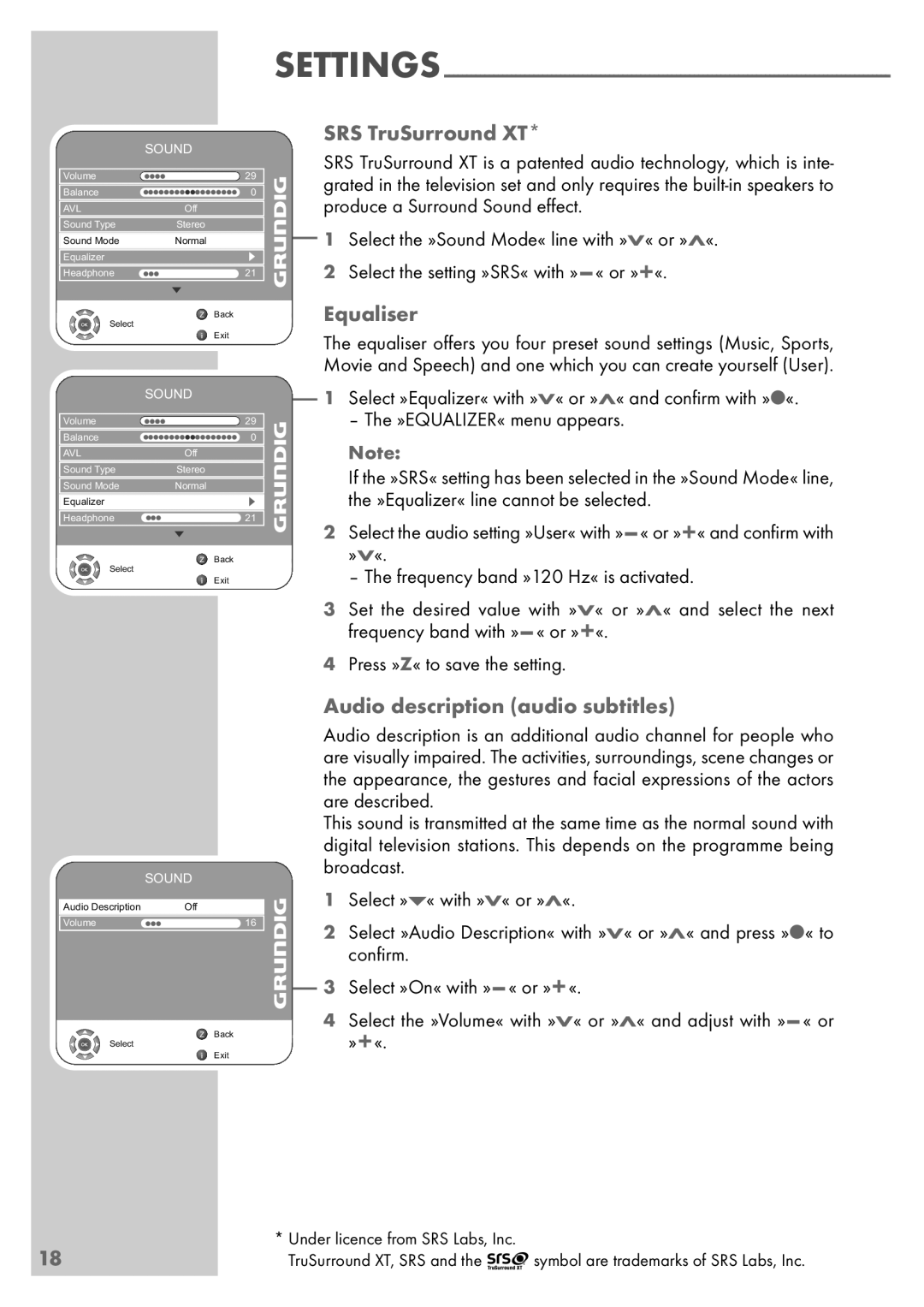Grundig Vision 6 26-6840 T, Vision 6 32-6840 T manual SRS TruSurround XT, Equaliser, Audio description audio subtitles 