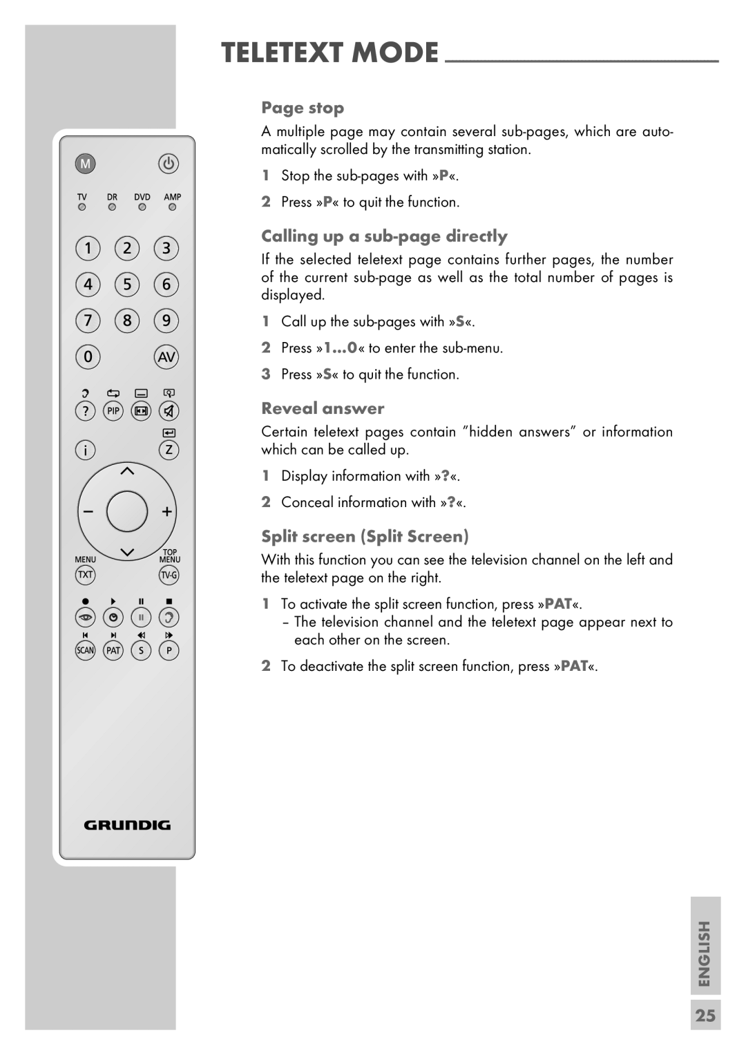 Grundig Vision 6 32-6840 T manual Stop, Calling up a sub-page directly, Reveal answer, Split screen Split Screen 