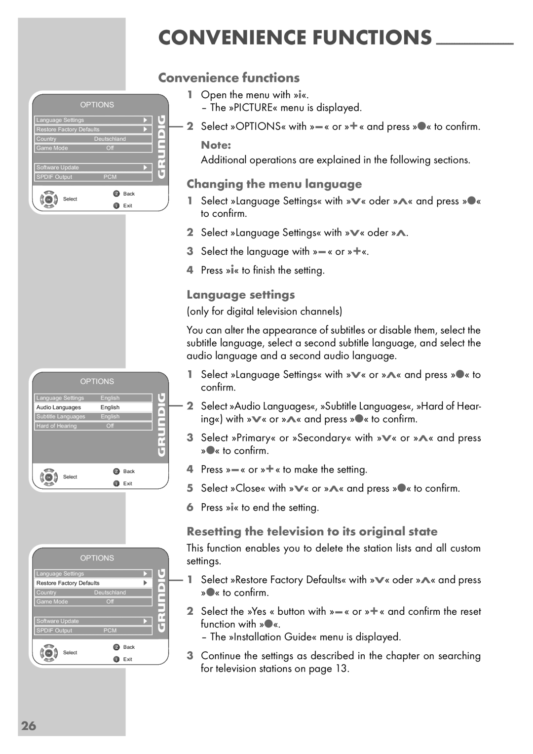 Grundig Vision 6 26-6840 T, Vision 6 32-6840 T manual Convenience functions, Changing the menu language, Language settings 