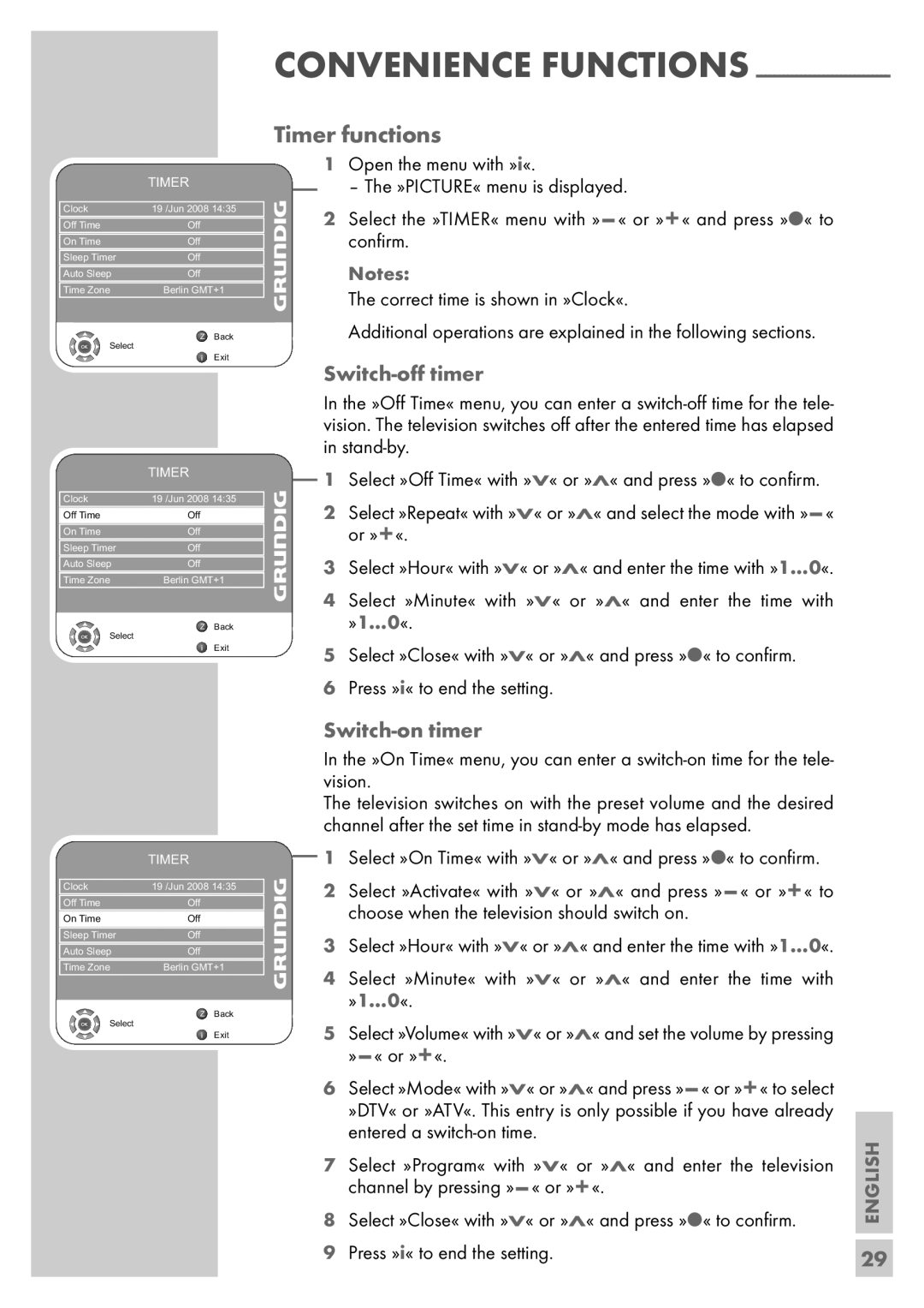 Grundig Vision 6 32-6840 T, Vision 6 26-6840 T manual Timer functions, Switch-oﬀ timer, Switch-on timer 