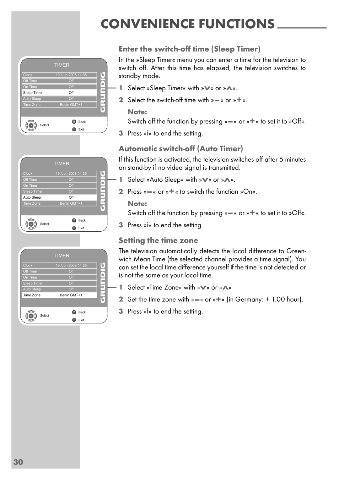 Grundig Vision 6 26-6840 T Enter the switch-oﬀ time Sleep Timer, Automatic switch-oﬀ Auto Timer, Setting the time zone 