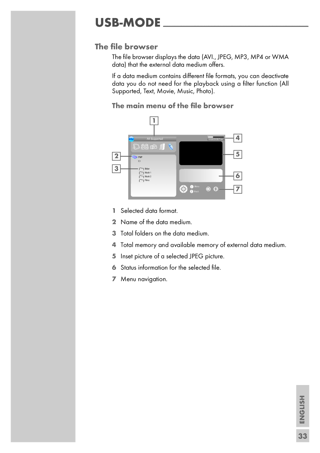 Grundig Vision 6 32-6840 T, Vision 6 26-6840 T manual Main menu of the ﬁle browser 