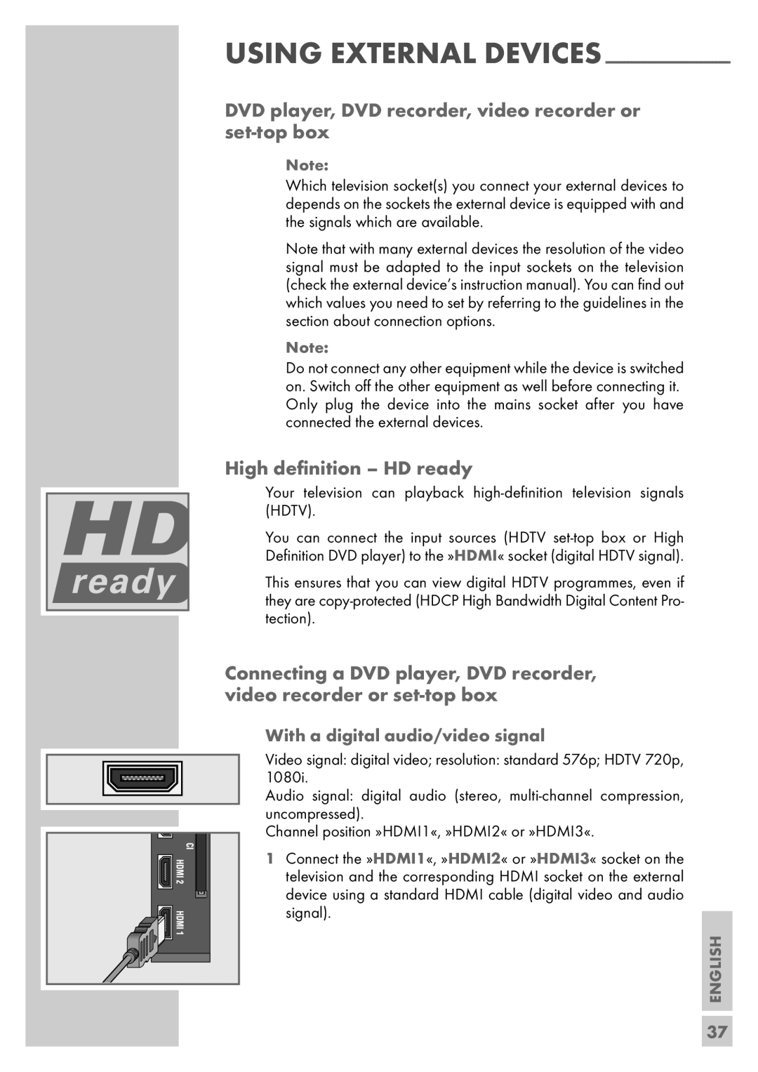 Grundig Vision 6 32-6840 T manual DVD player, DVD recorder, video recorder or set-top box, High deﬁnition HD ready 