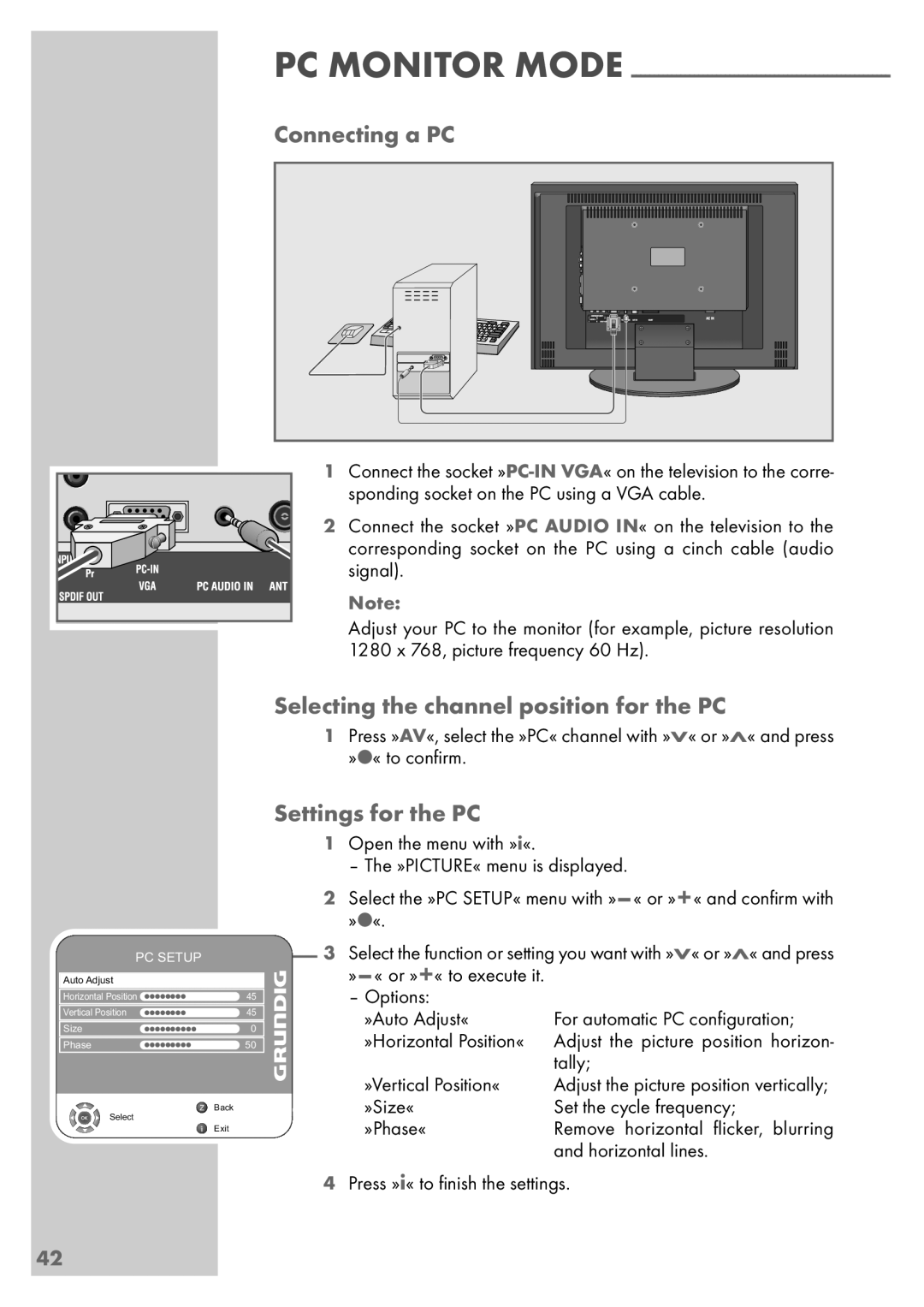 Grundig Vision 6 26-6840 T manual Connecting a PC, Selecting the channel position for the PC, Settings for the PC 