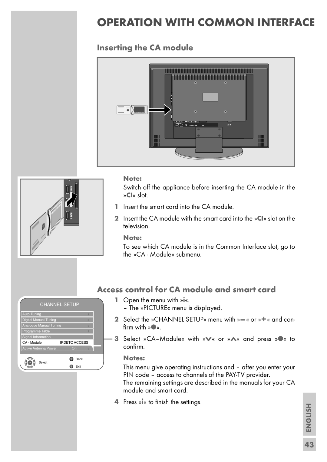 Grundig Vision 6 32-6840 T, Vision 6 26-6840 T manual Inserting the CA module, Access control for CA module and smart card 