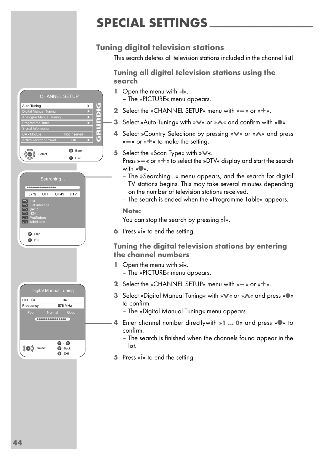 Grundig Vision 6 26-6840 T Tuning digital television stations, Tuning all digital television stations using the search 