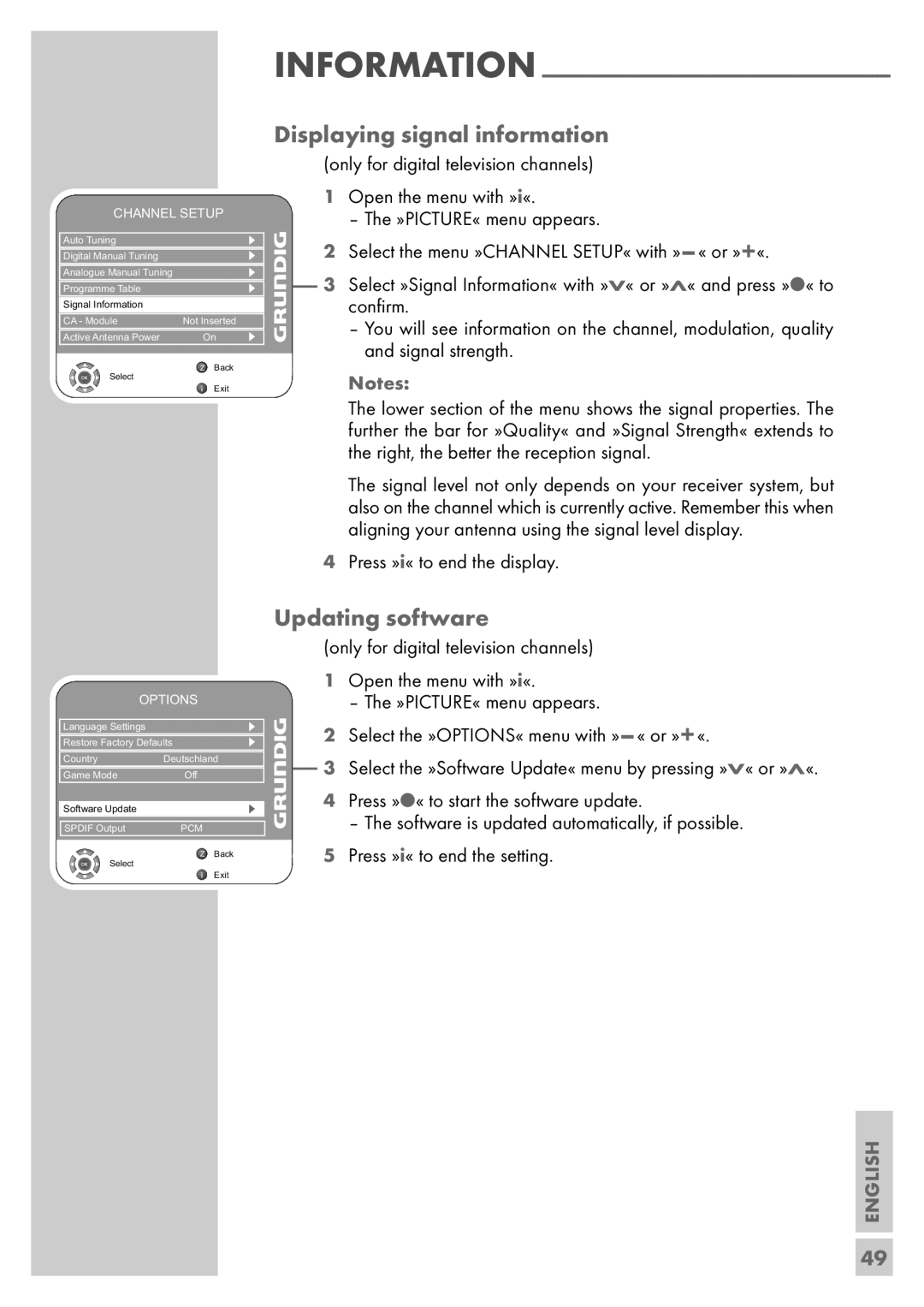 Grundig Vision 6 32-6840 T, Vision 6 26-6840 T manual Displaying signal information, Updating software 