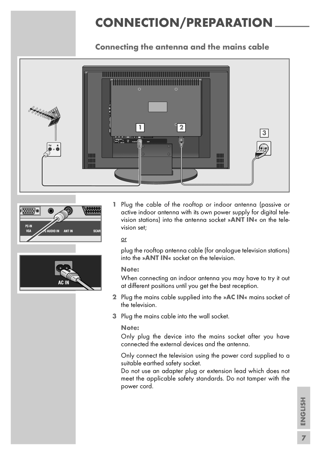 Grundig Vision 6 32-6840 T, Vision 6 26-6840 T manual Connection/Preparation, Connecting the antenna and the mains cable 