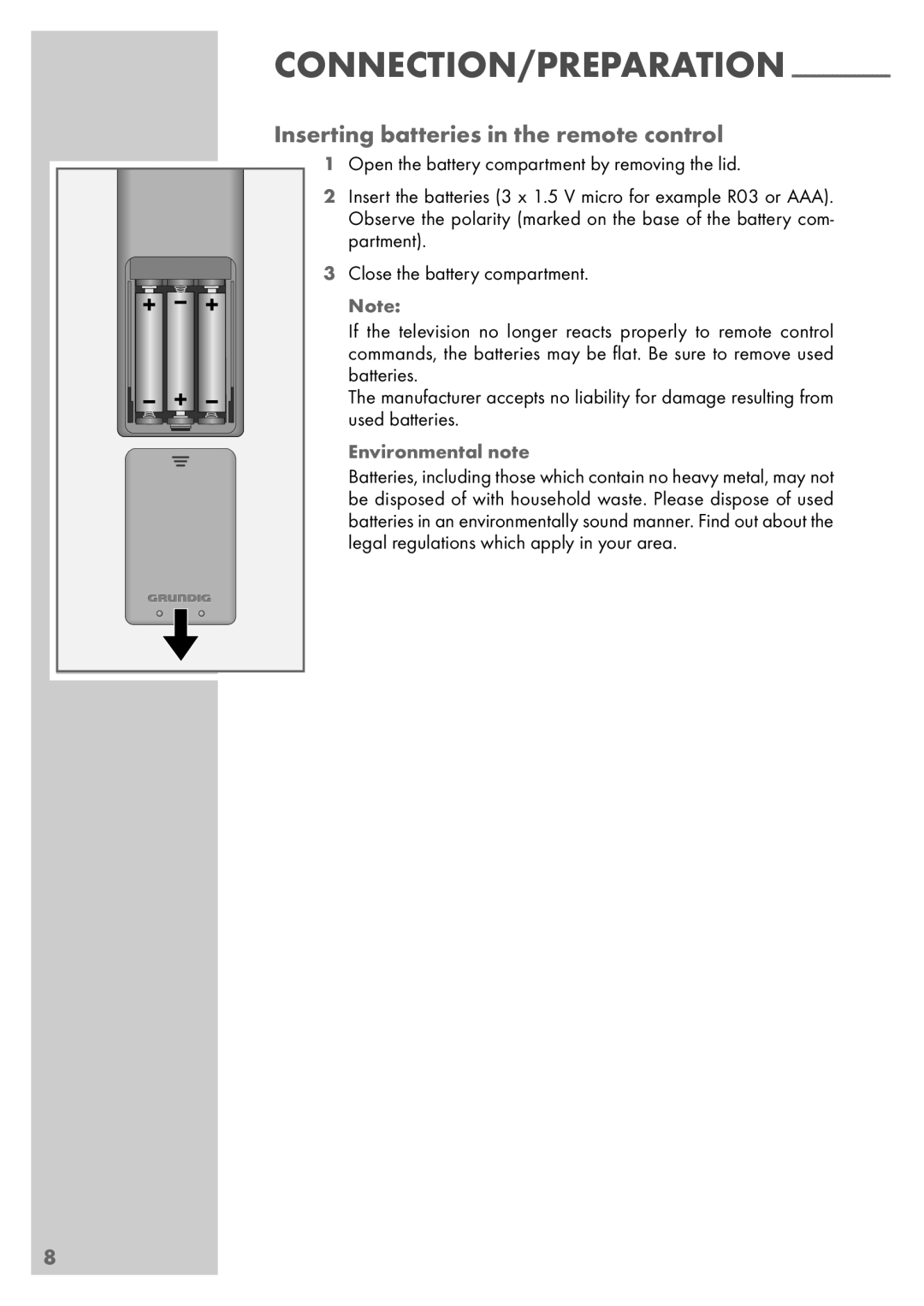 Grundig Vision 6 26-6840 T, Vision 6 32-6840 T manual Inserting batteries in the remote control, Environmental note 