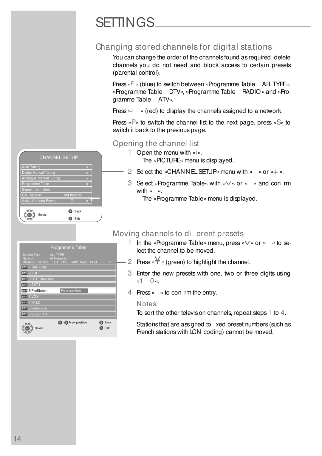 Grundig VISION 7 42-7952 T, VISION 7 37-7952 T Changing stored channels for digital stations, Opening the channel list 