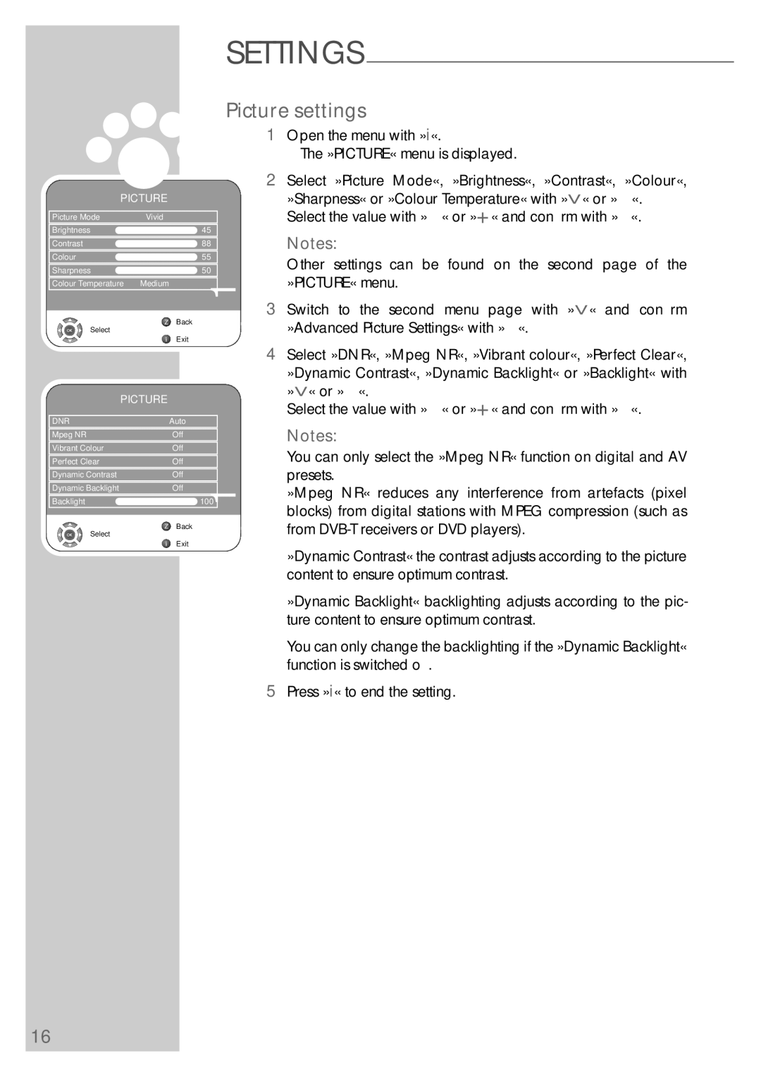 Grundig VISION 7 42-7952 T, VISION 7 37-7952 T manual Picture settings, Dnr 