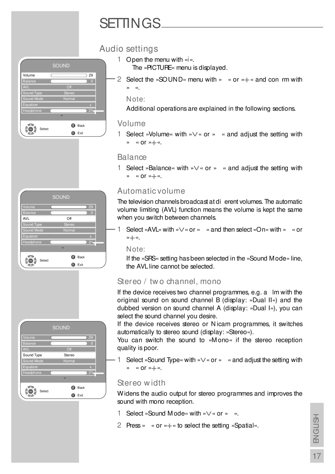 Grundig VISION 7 37-7952 T, VISION 7 42-7952 T manual Audio settings 