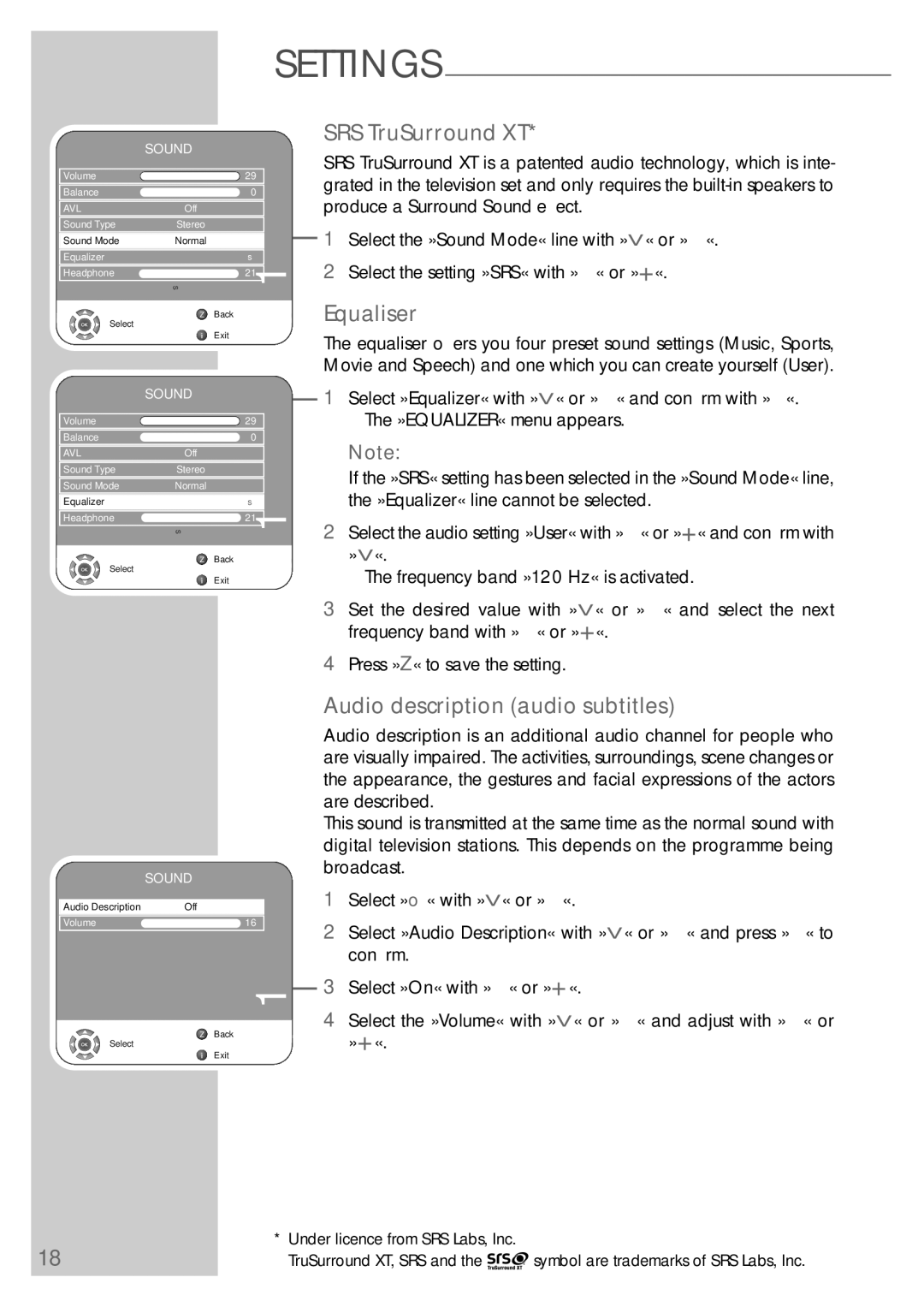 Grundig VISION 7 42-7952 T, VISION 7 37-7952 T manual SRS TruSurround XT, Equaliser, Audio description audio subtitles 