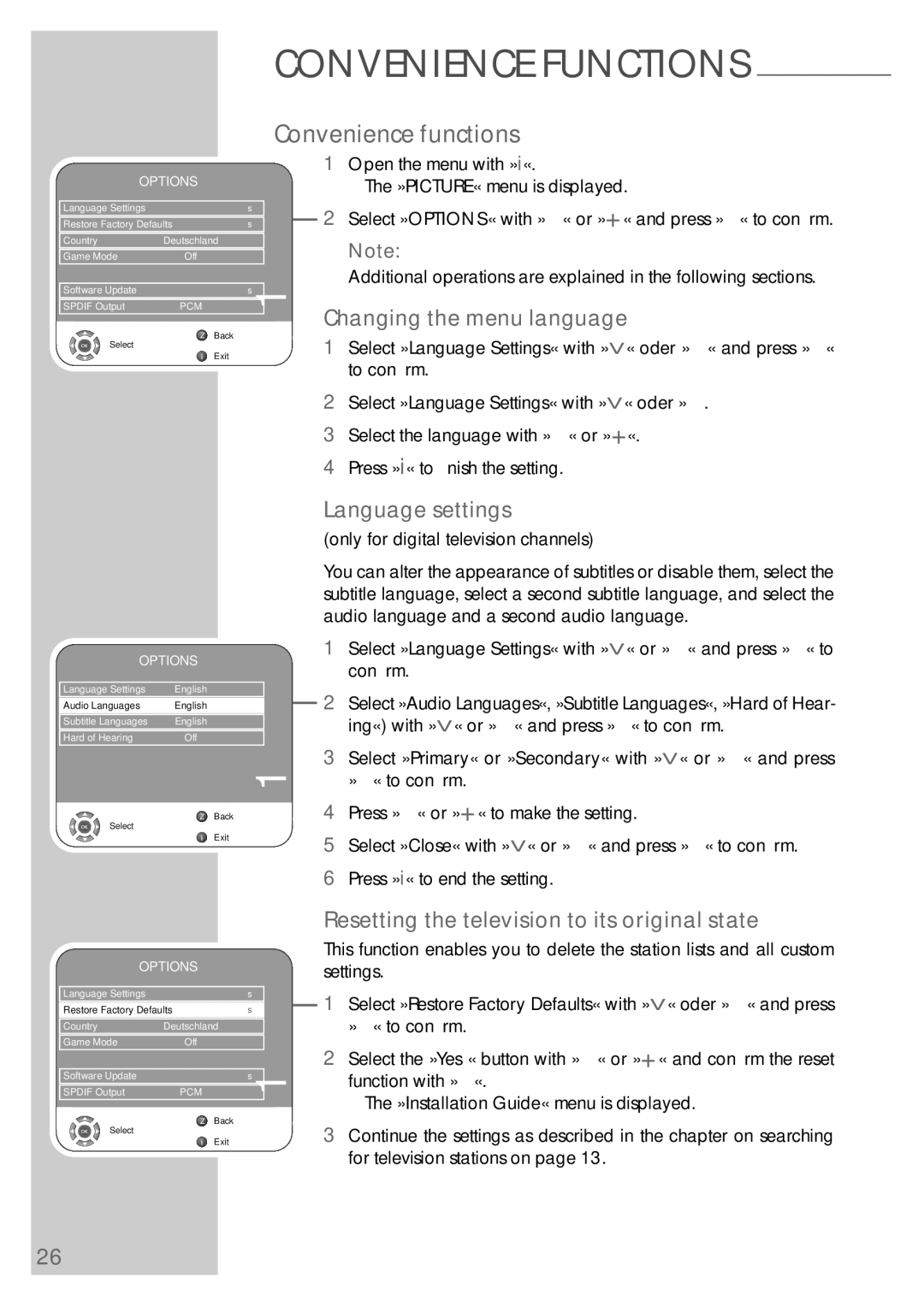 Grundig VISION 7 42-7952 T, VISION 7 37-7952 T manual Convenience functions, Changing the menu language, Language settings 