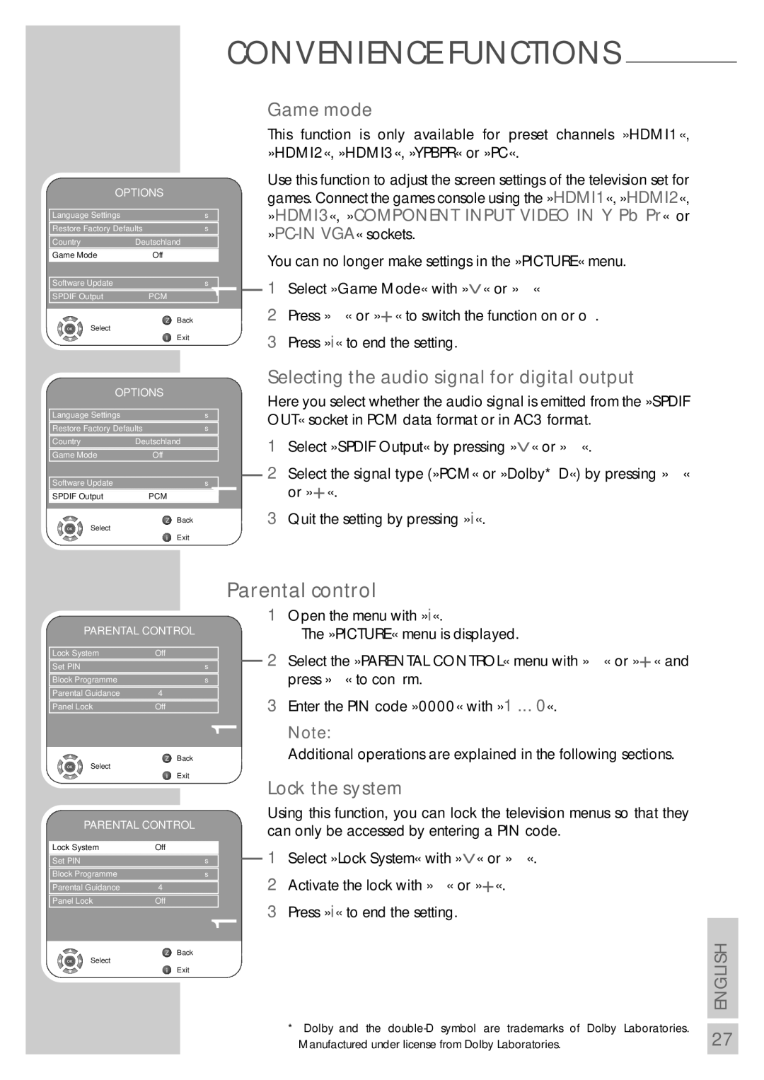 Grundig VISION 7 37-7952 T Parental control, Game mode, Selecting the audio signal for digital output, Lock the system 