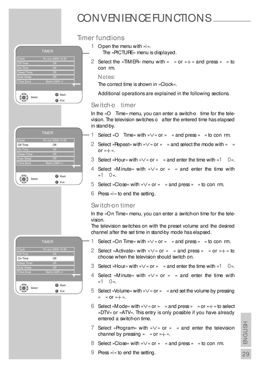 Grundig VISION 7 37-7952 T, VISION 7 42-7952 T manual Timer functions, Switch-oﬀ timer, Switch-on timer 