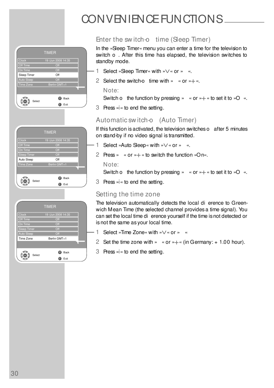 Grundig VISION 7 42-7952 T Enter the switch-oﬀ time Sleep Timer, Automatic switch-oﬀ Auto Timer, Setting the time zone 